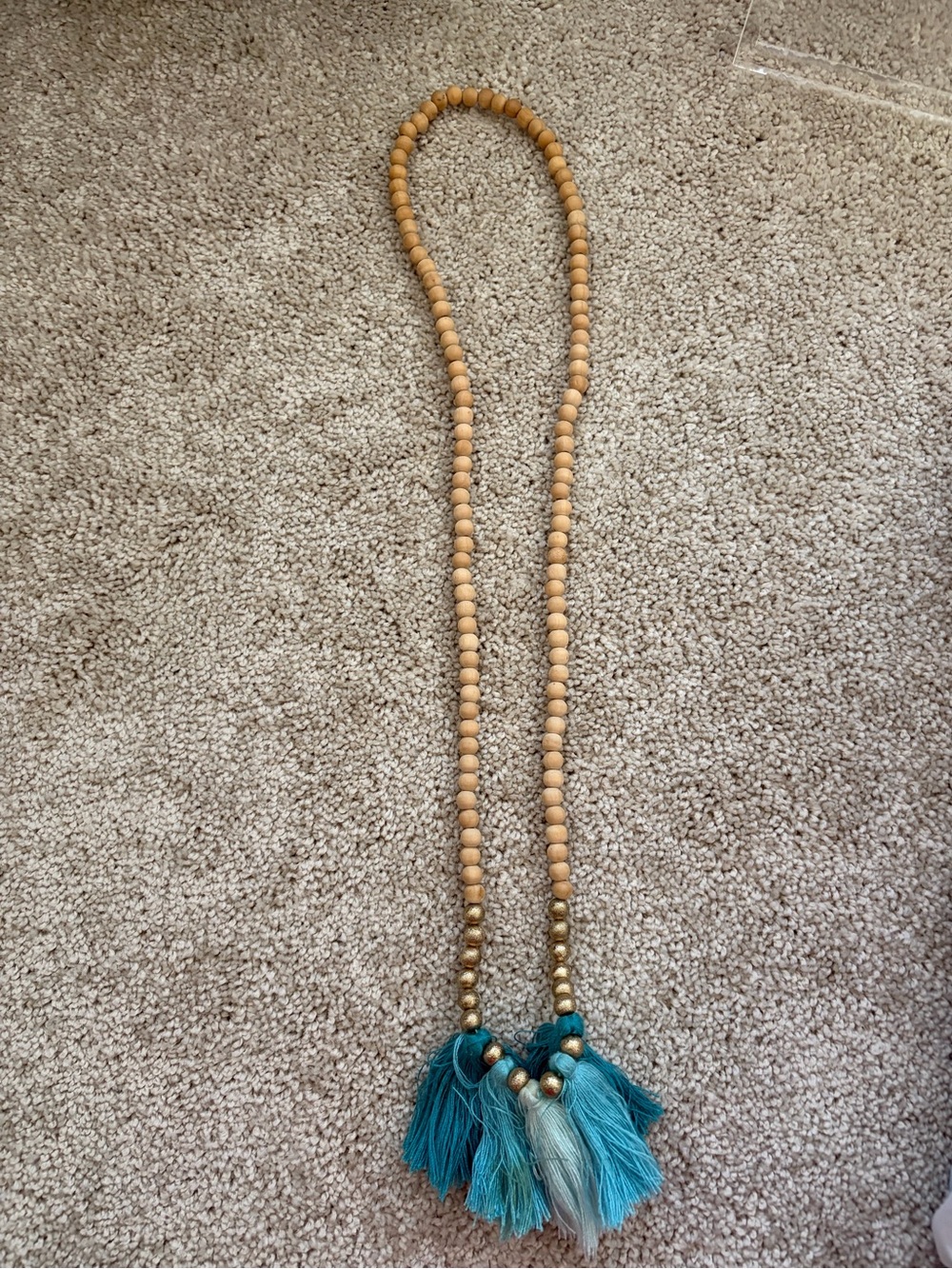Boho Teal Tassel Wood Bead Necklace - Unbranded